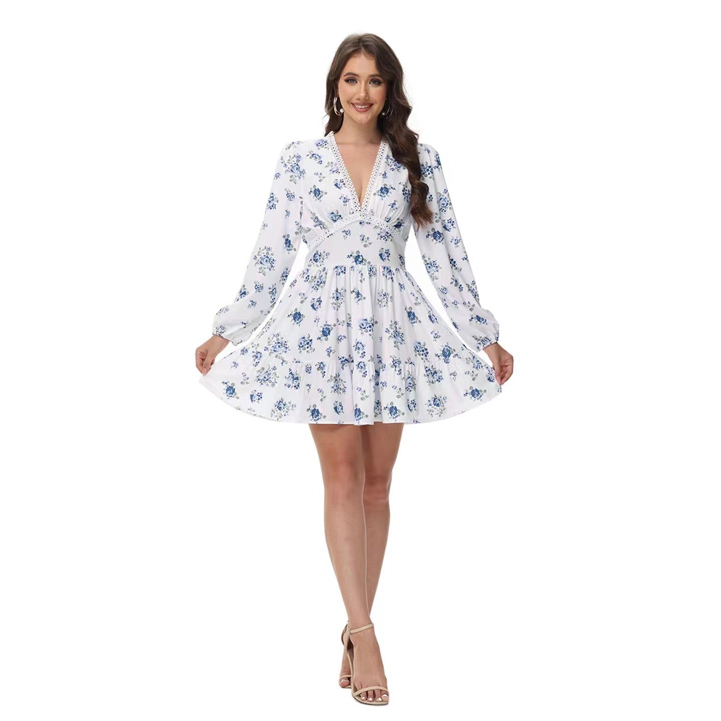 Women's V-Neck Lace Trim Floral Mini Dress — Romantic Puff Sleeve Tiered Ruffle Skirt Short Dress, Sweet Boho Floral Party Dress S–XXXL in 9 Prints