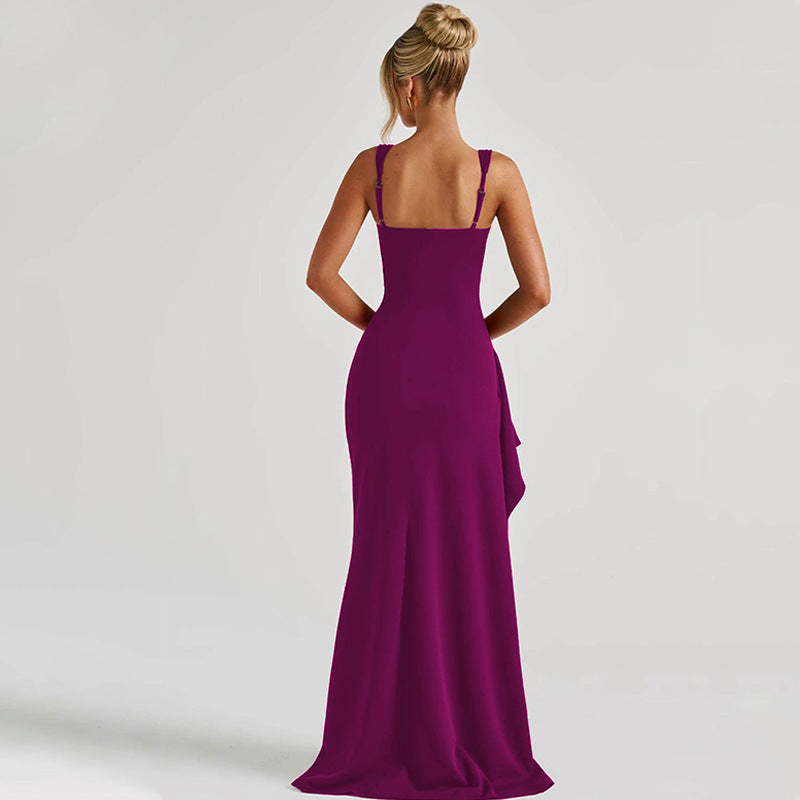 Women's Square Neck Ruched Waist High Slit Maxi Dress — Sexy Sleeveless Stretch Crepe Formal Evening Gown, Elegant Party Dress XS–XL in 17 Colors