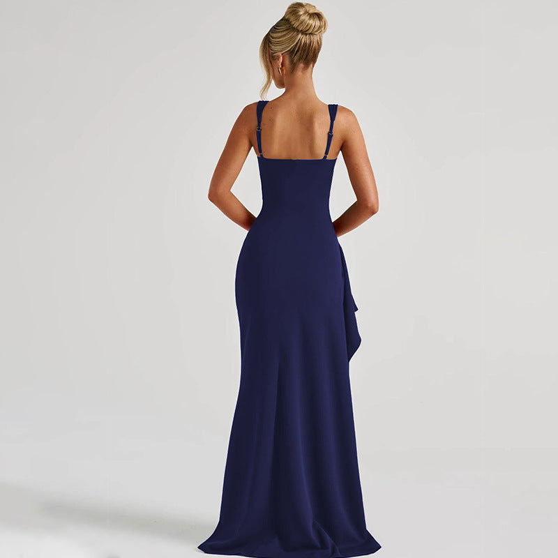 Women's Square Neck Ruched Waist High Slit Maxi Dress — Sexy Sleeveless Stretch Crepe Formal Evening Gown, Elegant Party Dress XS–XL in 17 Colors