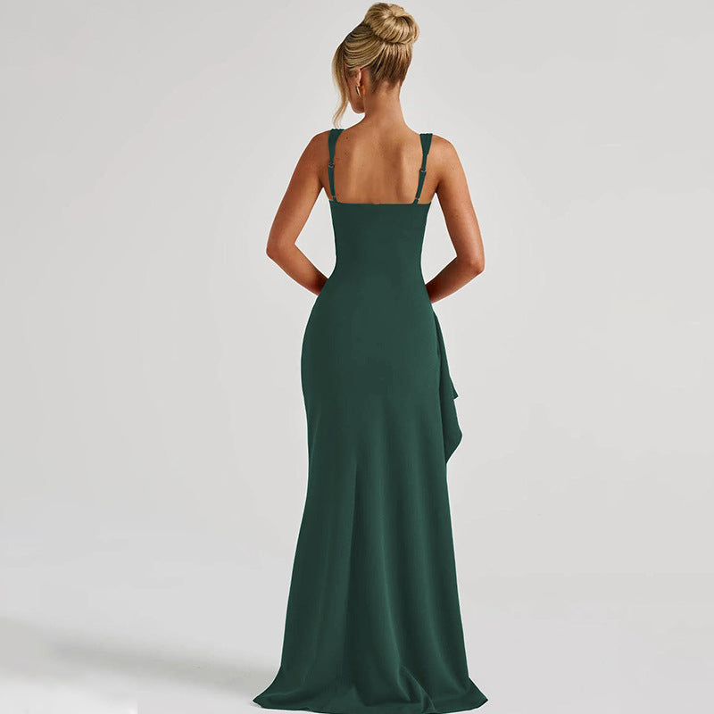 Women's Square Neck Ruched Waist High Slit Maxi Dress — Sexy Sleeveless Stretch Crepe Formal Evening Gown, Elegant Party Dress XS–XL in 17 Colors