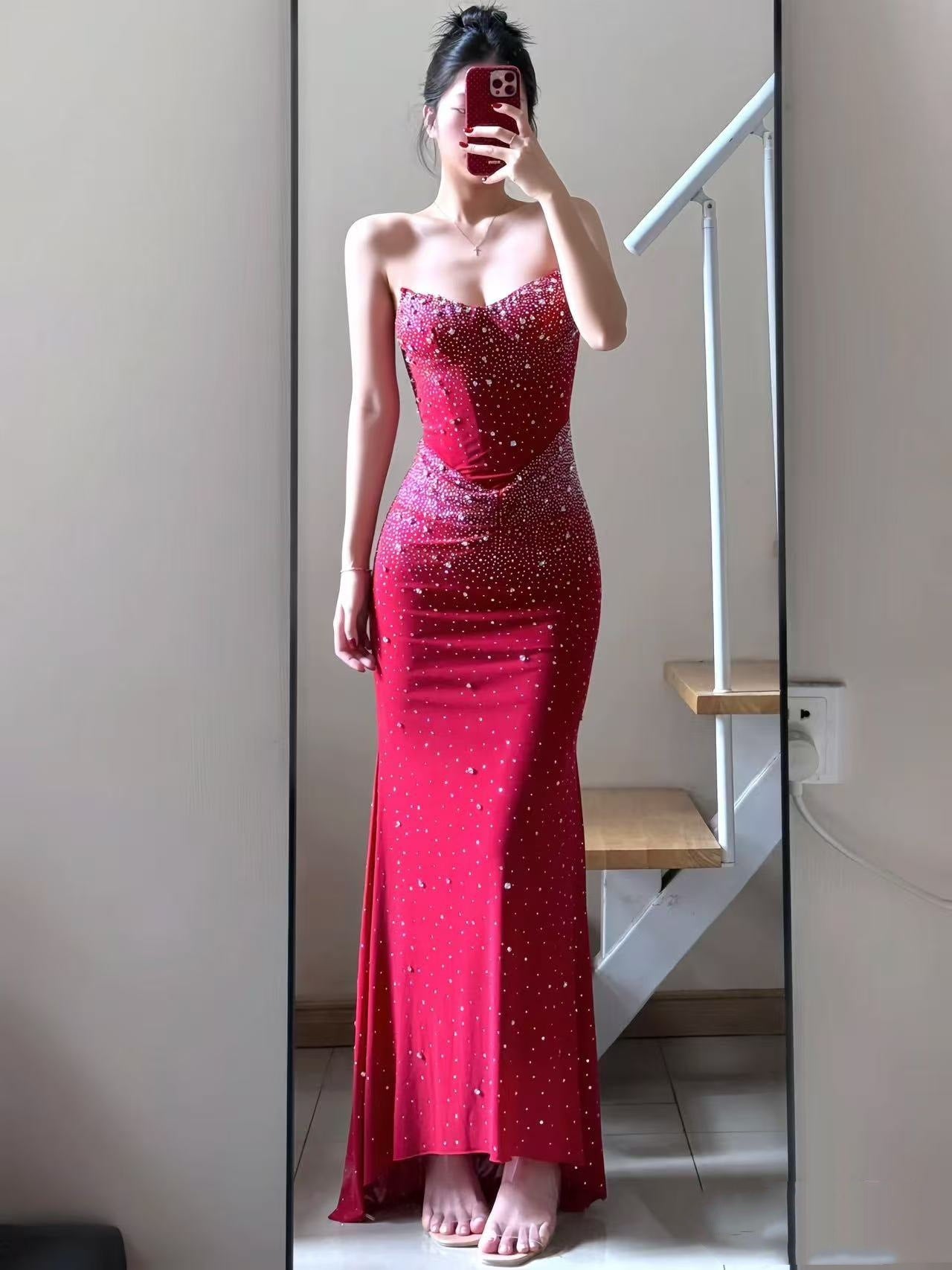 Crystal Rhinestone Strapless Bodycon Maxi Gown | All-Over Hot-Fix Diamonds | Mermaid Evening Dress for Women | Luxury Formal Gala Ball Gown