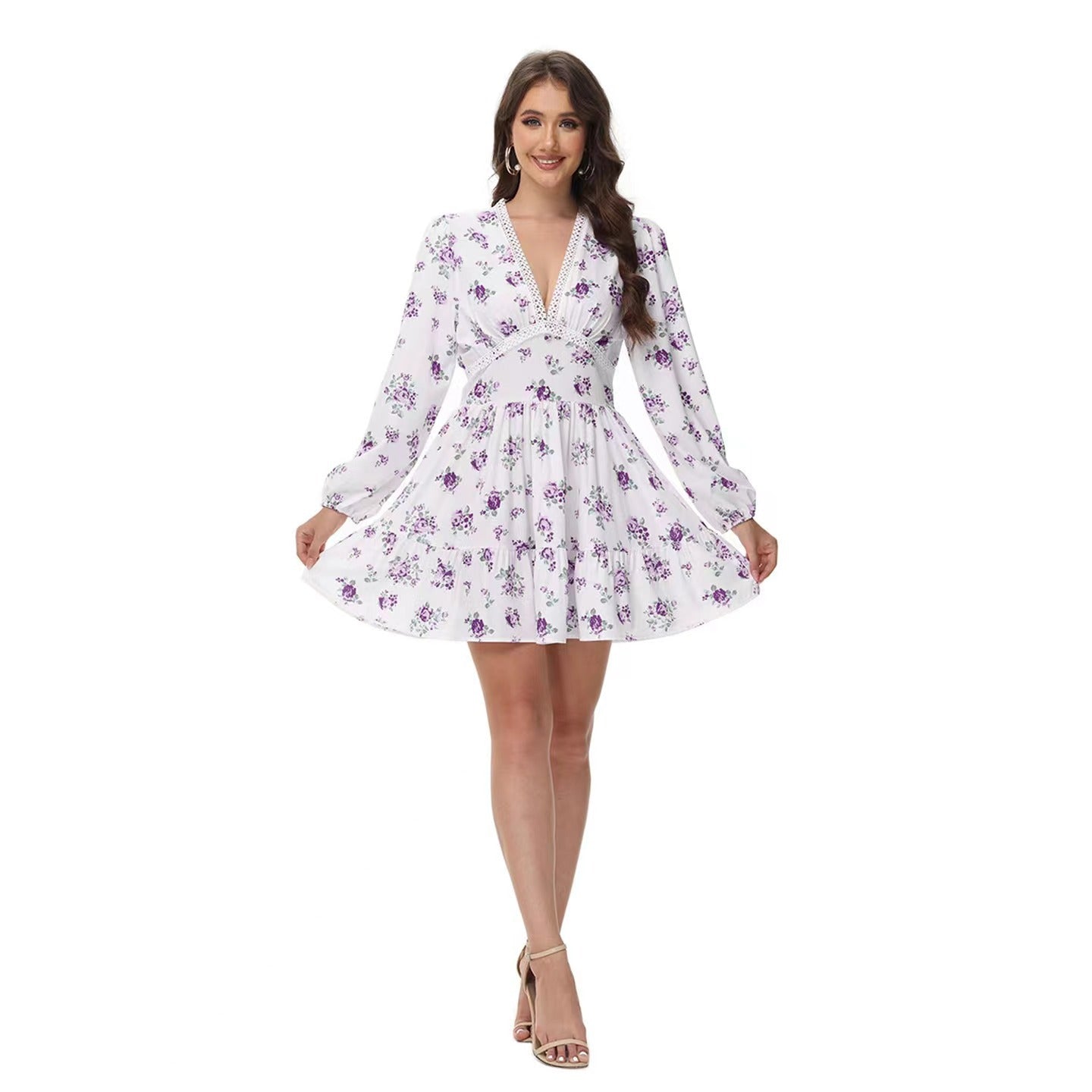 Women's V-Neck Lace Trim Floral Mini Dress — Romantic Puff Sleeve Tiered Ruffle Skirt Short Dress, Sweet Boho Floral Party Dress S–XXXL in 9 Prints