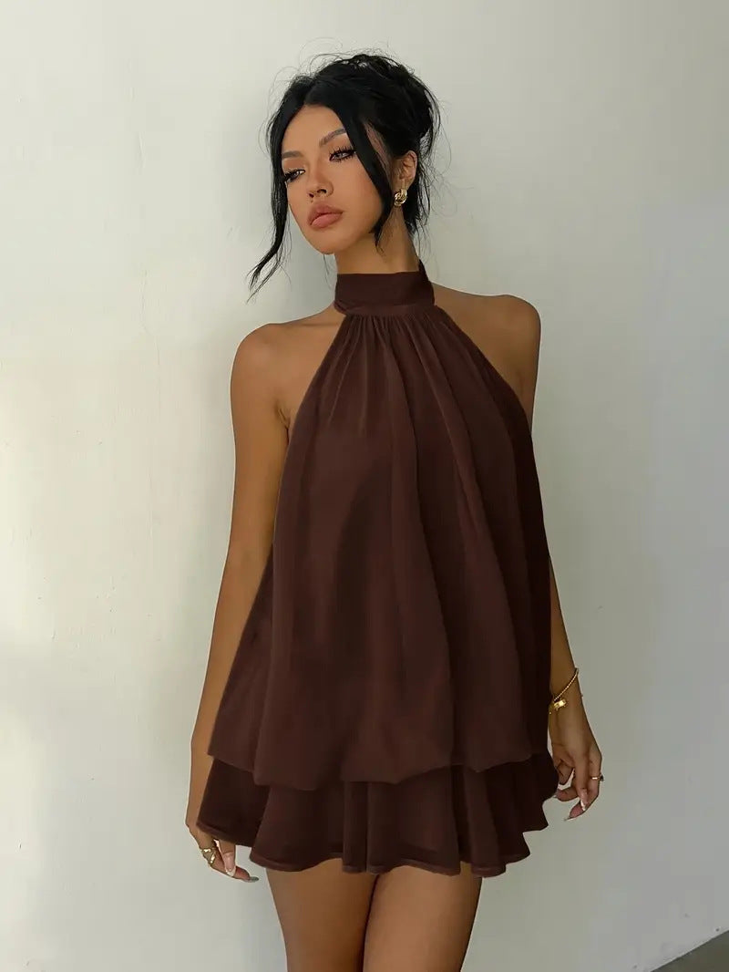 Sexy Chiffon Halter Mini Dress for Women, Island Vacation Backless Flowy Beach Dress, Summer Tea Dress