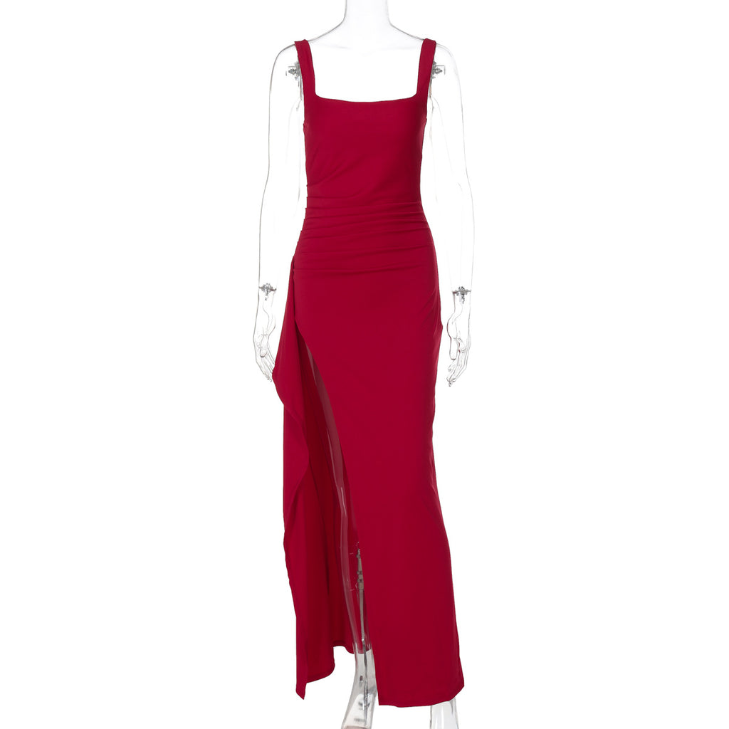 Women's Square Neck Ruched Waist High Slit Maxi Dress — Sexy Sleeveless Stretch Crepe Formal Evening Gown, Elegant Party Dress XS–XL in 17 Colors