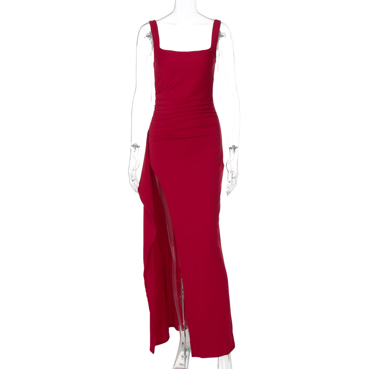 Women's Square Neck Ruched Waist High Slit Maxi Dress — Sexy Sleeveless Stretch Crepe Formal Evening Gown, Elegant Party Dress XS–XL in 17 Colors