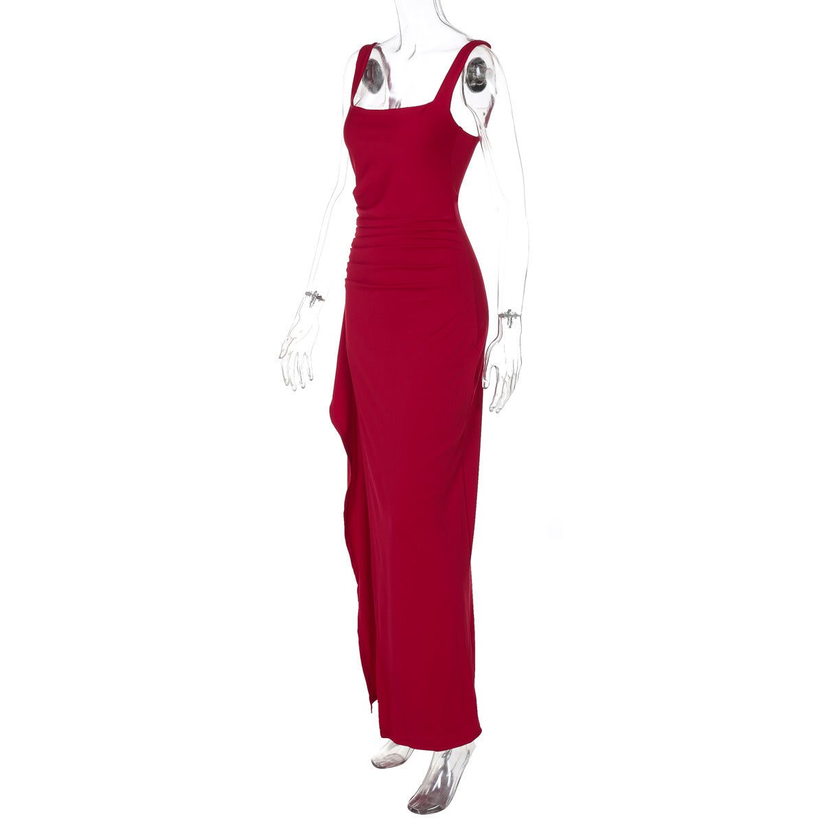 Women's Square Neck Ruched Waist High Slit Maxi Dress — Sexy Sleeveless Stretch Crepe Formal Evening Gown, Elegant Party Dress XS–XL in 17 Colors