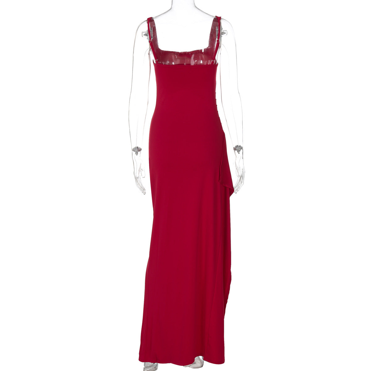 Women's Square Neck Ruched Waist High Slit Maxi Dress — Sexy Sleeveless Stretch Crepe Formal Evening Gown, Elegant Party Dress XS–XL in 17 Colors