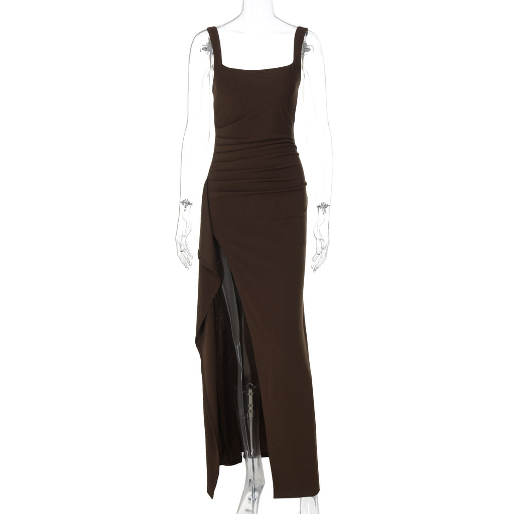 Women's Square Neck Ruched Waist High Slit Maxi Dress — Sexy Sleeveless Stretch Crepe Formal Evening Gown, Elegant Party Dress XS–XL in 17 Colors