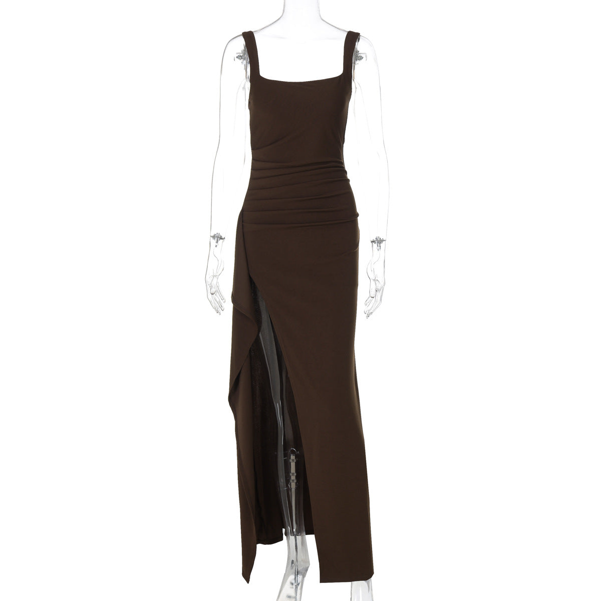 Women's Square Neck Ruched Waist High Slit Maxi Dress — Sexy Sleeveless Stretch Crepe Formal Evening Gown, Elegant Party Dress XS–XL in 17 Colors