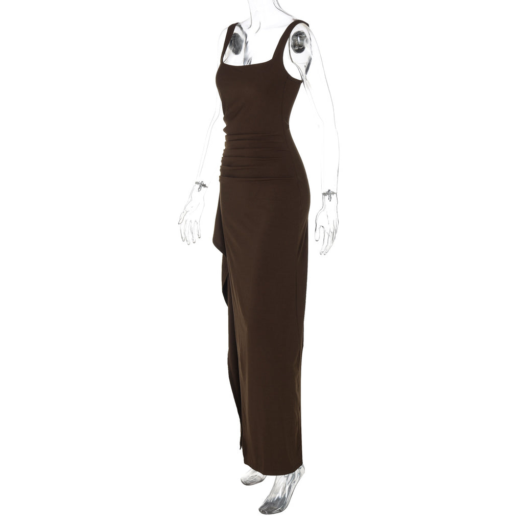 Women's Square Neck Ruched Waist High Slit Maxi Dress — Sexy Sleeveless Stretch Crepe Formal Evening Gown, Elegant Party Dress XS–XL in 17 Colors