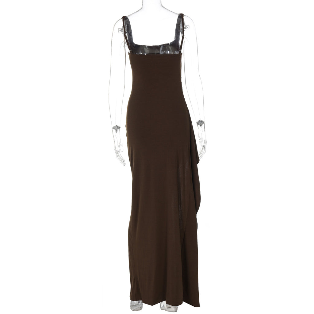 Women's Square Neck Ruched Waist High Slit Maxi Dress — Sexy Sleeveless Stretch Crepe Formal Evening Gown, Elegant Party Dress XS–XL in 17 Colors