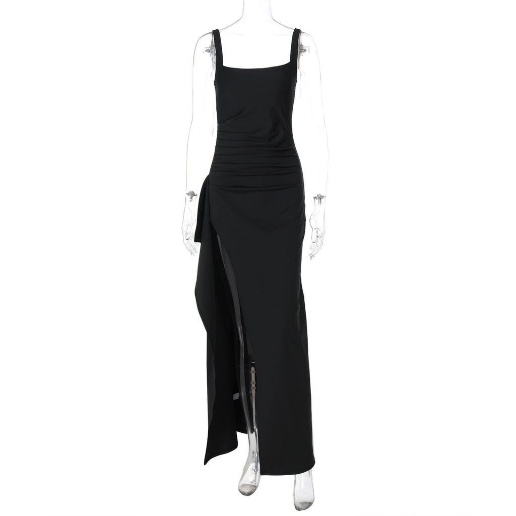 Women's Square Neck Ruched Waist High Slit Maxi Dress — Sexy Sleeveless Stretch Crepe Formal Evening Gown, Elegant Party Dress XS–XL in 17 Colors