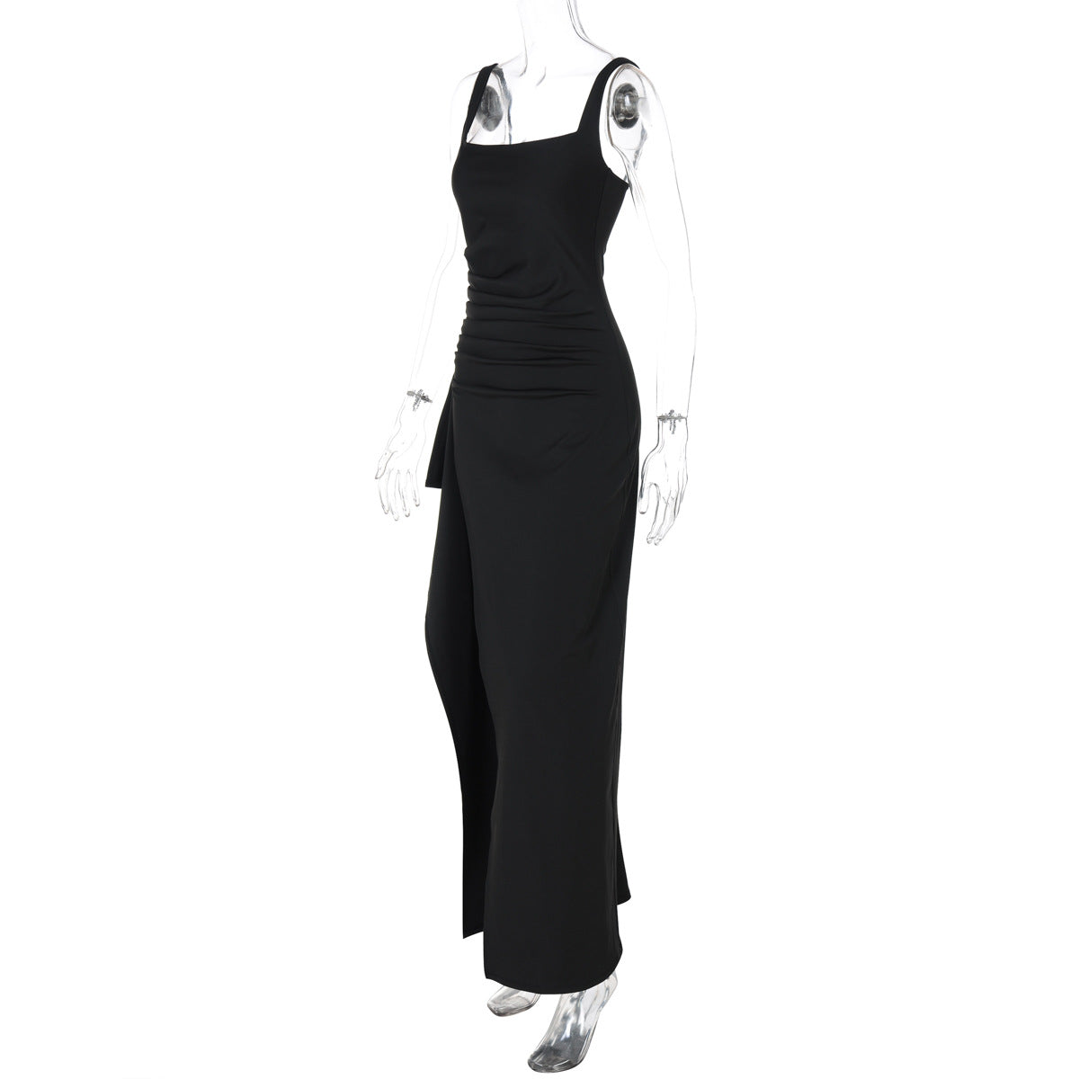 Women's Square Neck Ruched Waist High Slit Maxi Dress — Sexy Sleeveless Stretch Crepe Formal Evening Gown, Elegant Party Dress XS–XL in 17 Colors
