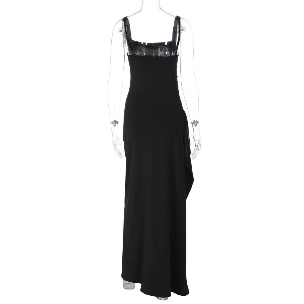 Women's Square Neck Ruched Waist High Slit Maxi Dress — Sexy Sleeveless Stretch Crepe Formal Evening Gown, Elegant Party Dress XS–XL in 17 Colors