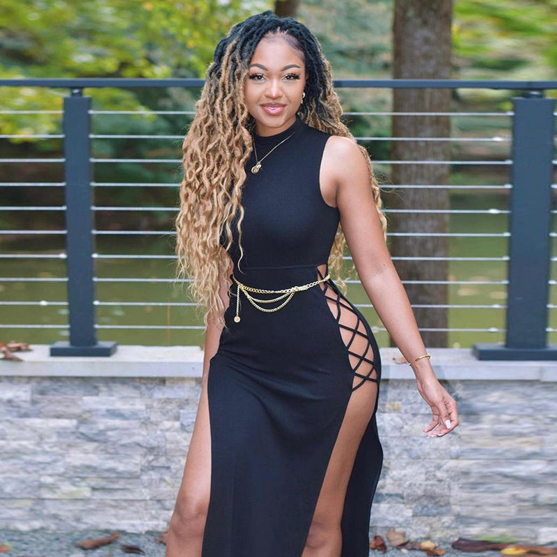 Women's Mock Neck Lace-Up Cutout Maxi Dress — Sexy Criss-Cross Strap Waist Sleeveless High Slit Bodycon Long Dress, Club Party Night Out Dress S–L in 3 Colors