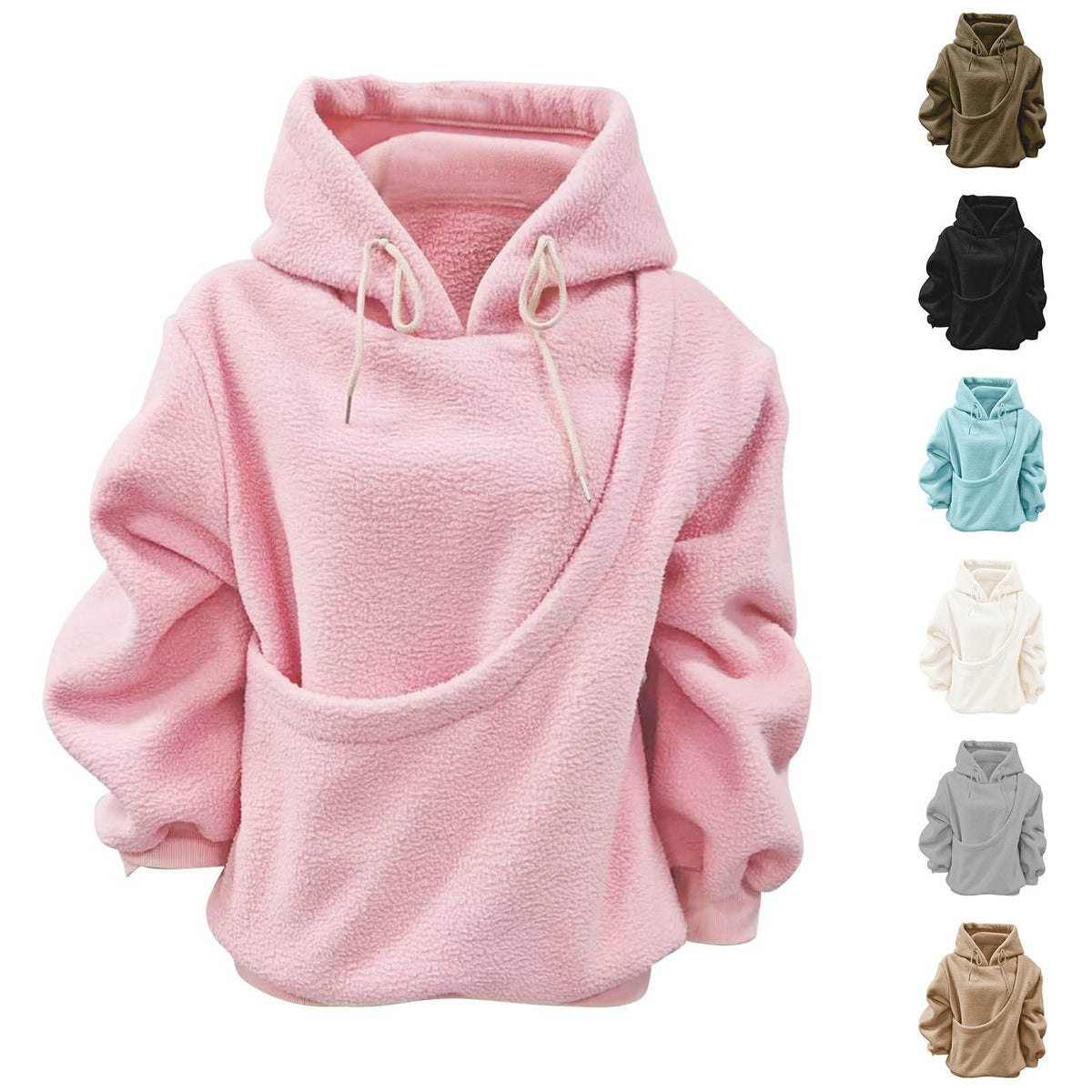 Women's Fluffy Teddy Fleece Oversized Hoodie — Plush Pullover Sweatshirt with Wrap Front Pocket & Drawstring Hood, Cozy Winter Top S–XXL in 7 Colors
