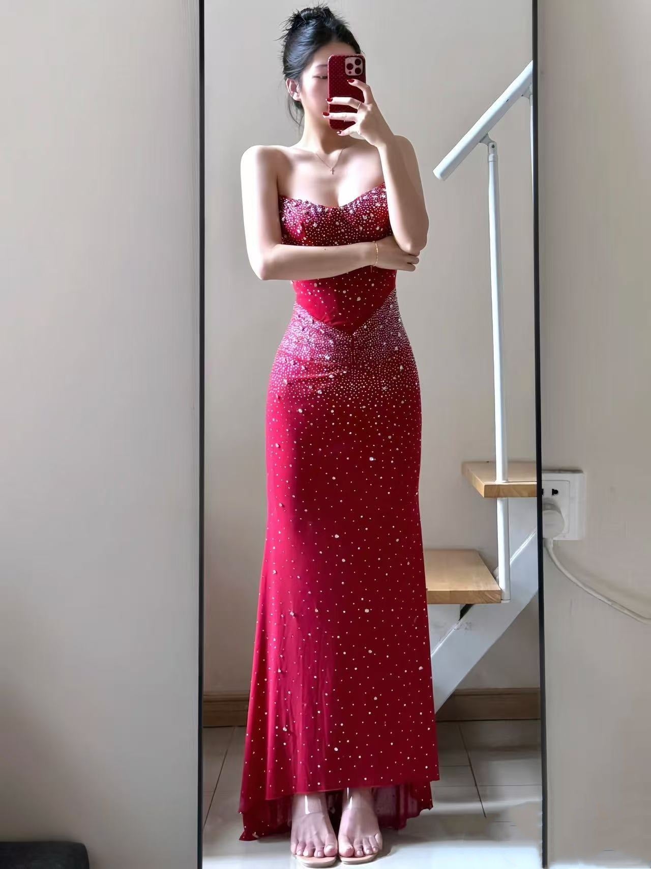 Crystal Rhinestone Strapless Bodycon Maxi Gown | All-Over Hot-Fix Diamonds | Mermaid Evening Dress for Women | Luxury Formal Gala Ball Gown