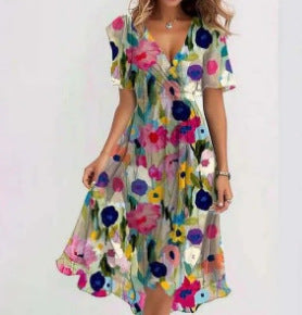 Women's V-Neck Floral Chiffon Midi Dress — Flutter Sleeve Tie Waist Boho Wrap Dress with Handkerchief Hem, Flowy Casual Summer Beach Dress S–3XL in 16 Prints
