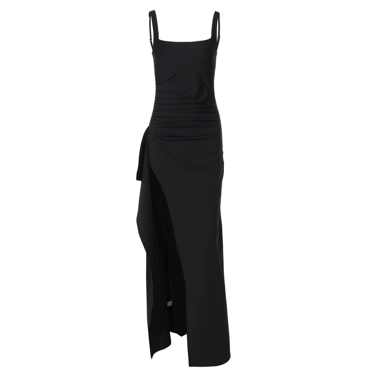Women's Square Neck Ruched Waist High Slit Maxi Dress — Sexy Sleeveless Stretch Crepe Formal Evening Gown, Elegant Party Dress XS–XL in 17 Colors