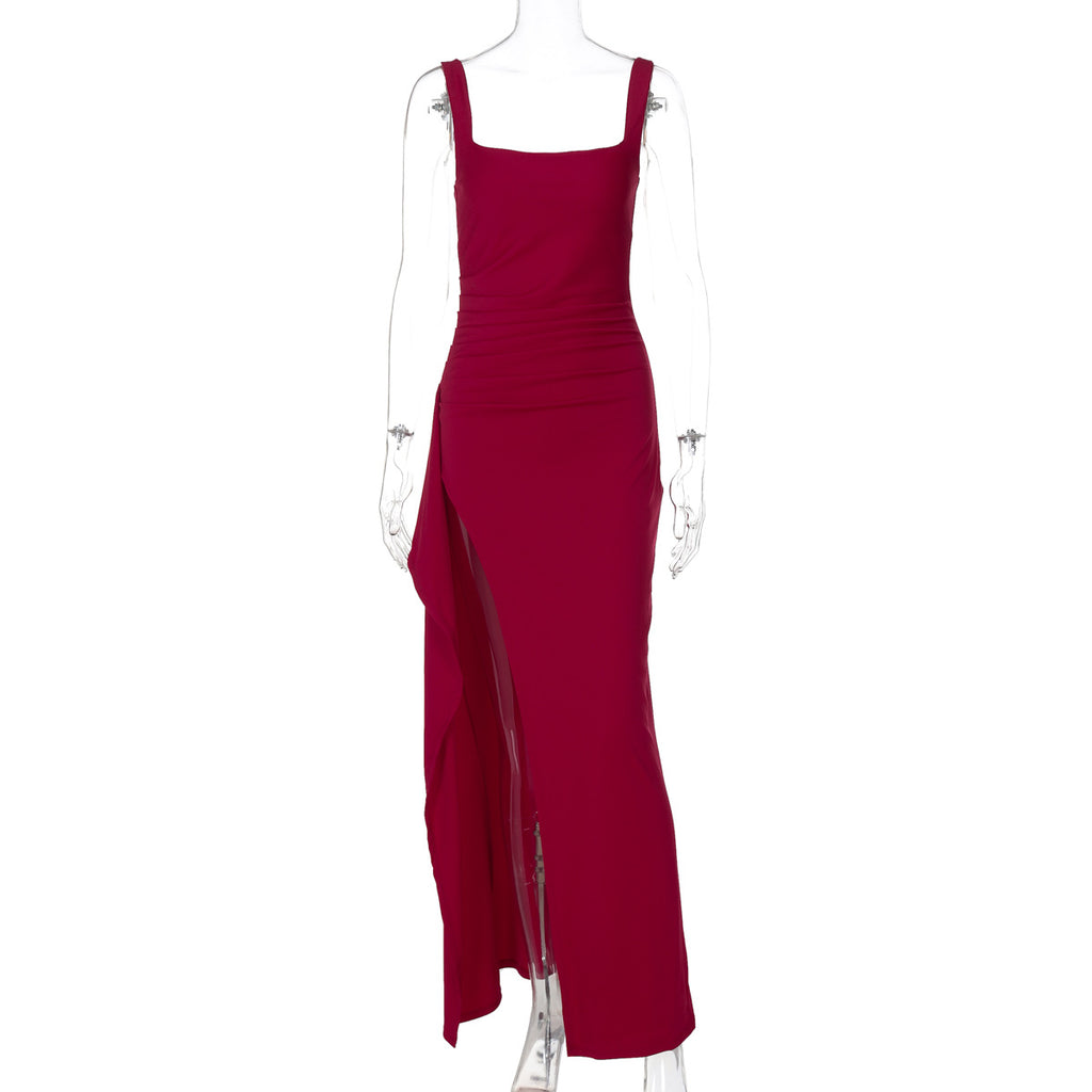 Women's Square Neck Ruched Waist High Slit Maxi Dress — Sexy Sleeveless Stretch Crepe Formal Evening Gown, Elegant Party Dress XS–XL in 17 Colors