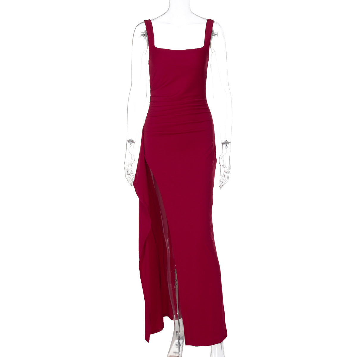 Women's Square Neck Ruched Waist High Slit Maxi Dress — Sexy Sleeveless Stretch Crepe Formal Evening Gown, Elegant Party Dress XS–XL in 17 Colors