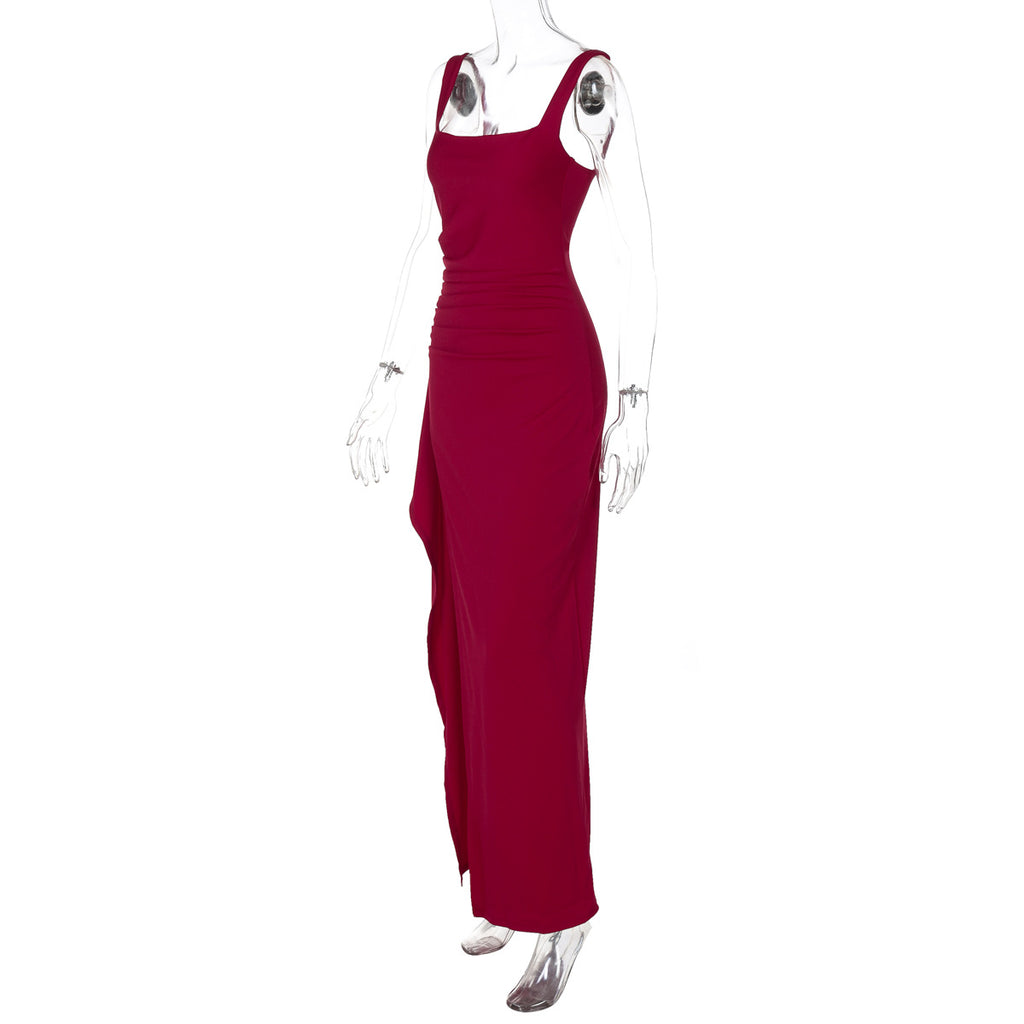 Women's Square Neck Ruched Waist High Slit Maxi Dress — Sexy Sleeveless Stretch Crepe Formal Evening Gown, Elegant Party Dress XS–XL in 17 Colors