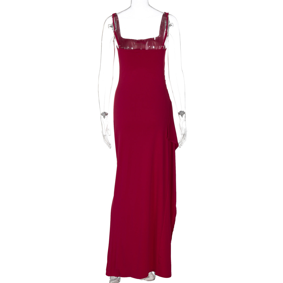 Women's Square Neck Ruched Waist High Slit Maxi Dress — Sexy Sleeveless Stretch Crepe Formal Evening Gown, Elegant Party Dress XS–XL in 17 Colors