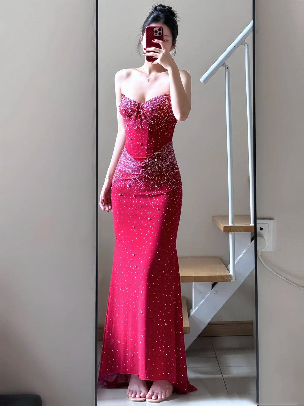 Crystal Rhinestone Strapless Bodycon Maxi Gown | All-Over Hot-Fix Diamonds | Mermaid Evening Dress for Women | Luxury Formal Gala Ball Gown