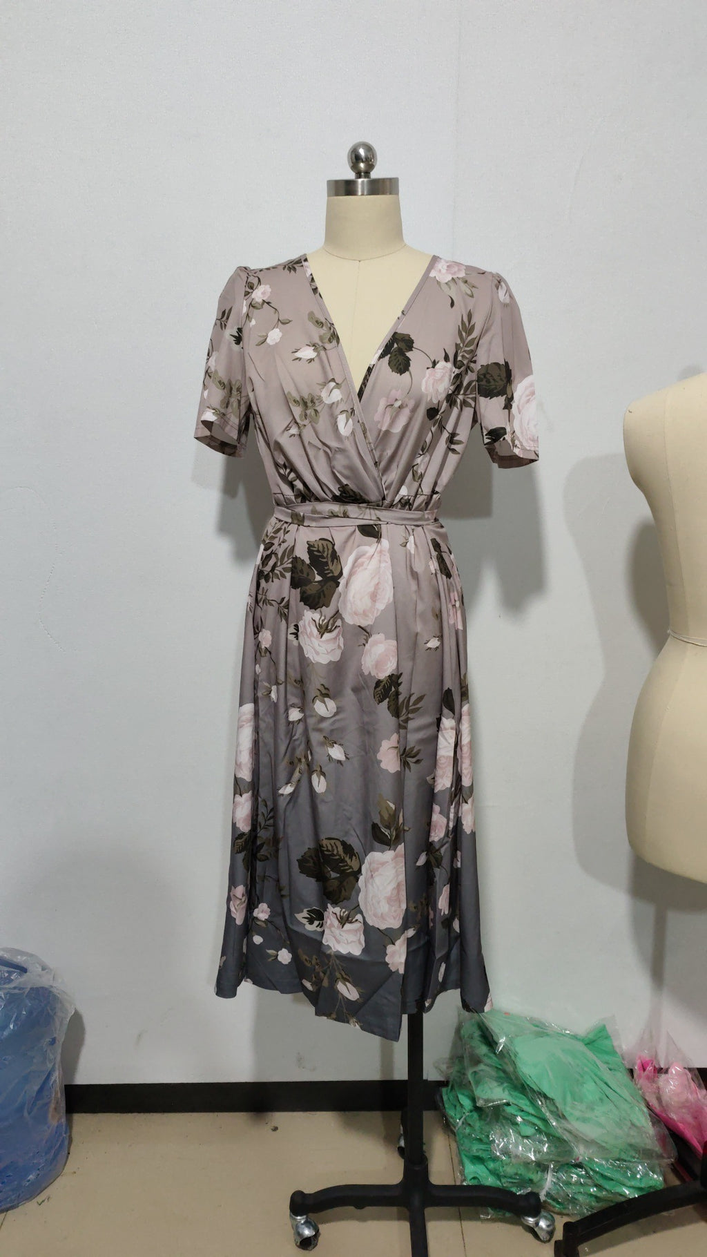 Women's V-Neck Floral Chiffon Midi Dress — Flutter Sleeve Tie Waist Boho Wrap Dress with Handkerchief Hem, Flowy Casual Summer Beach Dress S–3XL in 16 Prints