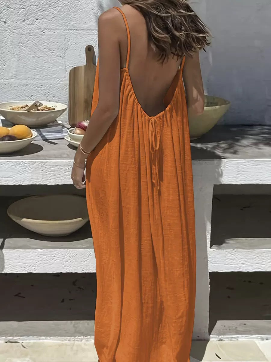Women's Spaghetti Strap Open Back Loose Maxi Dress — Sexy Backless Slip Sundress, Adjustable Straps Casual Boho Beach Lounge Dress S–5XL in 25+ Colors