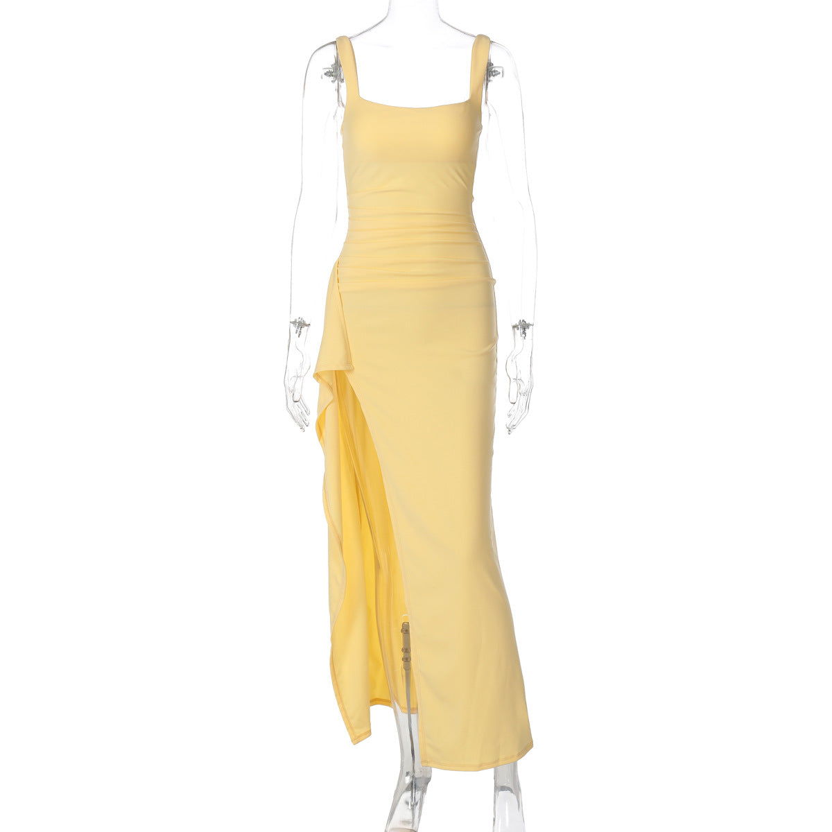 Women's Square Neck Ruched Waist High Slit Maxi Dress — Sexy Sleeveless Stretch Crepe Formal Evening Gown, Elegant Party Dress XS–XL in 17 Colors