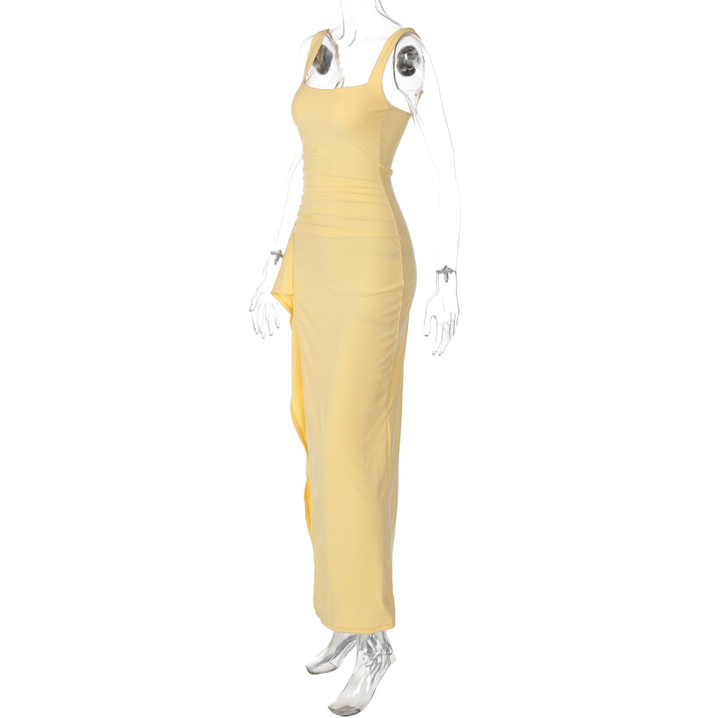 Women's Square Neck Ruched Waist High Slit Maxi Dress — Sexy Sleeveless Stretch Crepe Formal Evening Gown, Elegant Party Dress XS–XL in 17 Colors