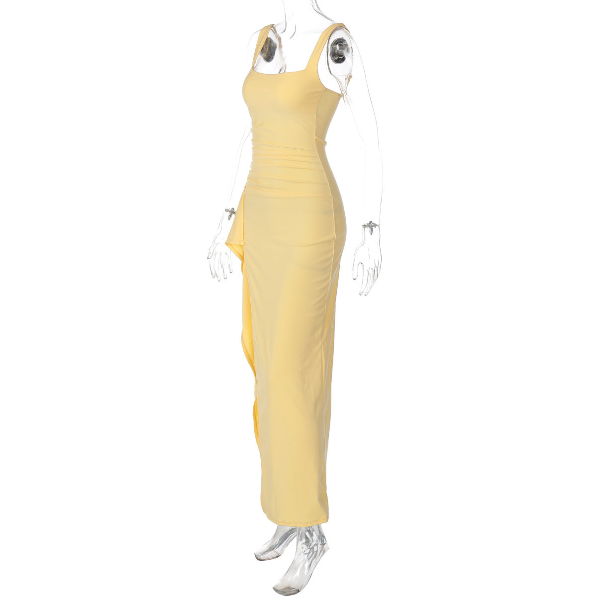 Women's Square Neck Ruched Waist High Slit Maxi Dress — Sexy Sleeveless Stretch Crepe Formal Evening Gown, Elegant Party Dress XS–XL in 17 Colors