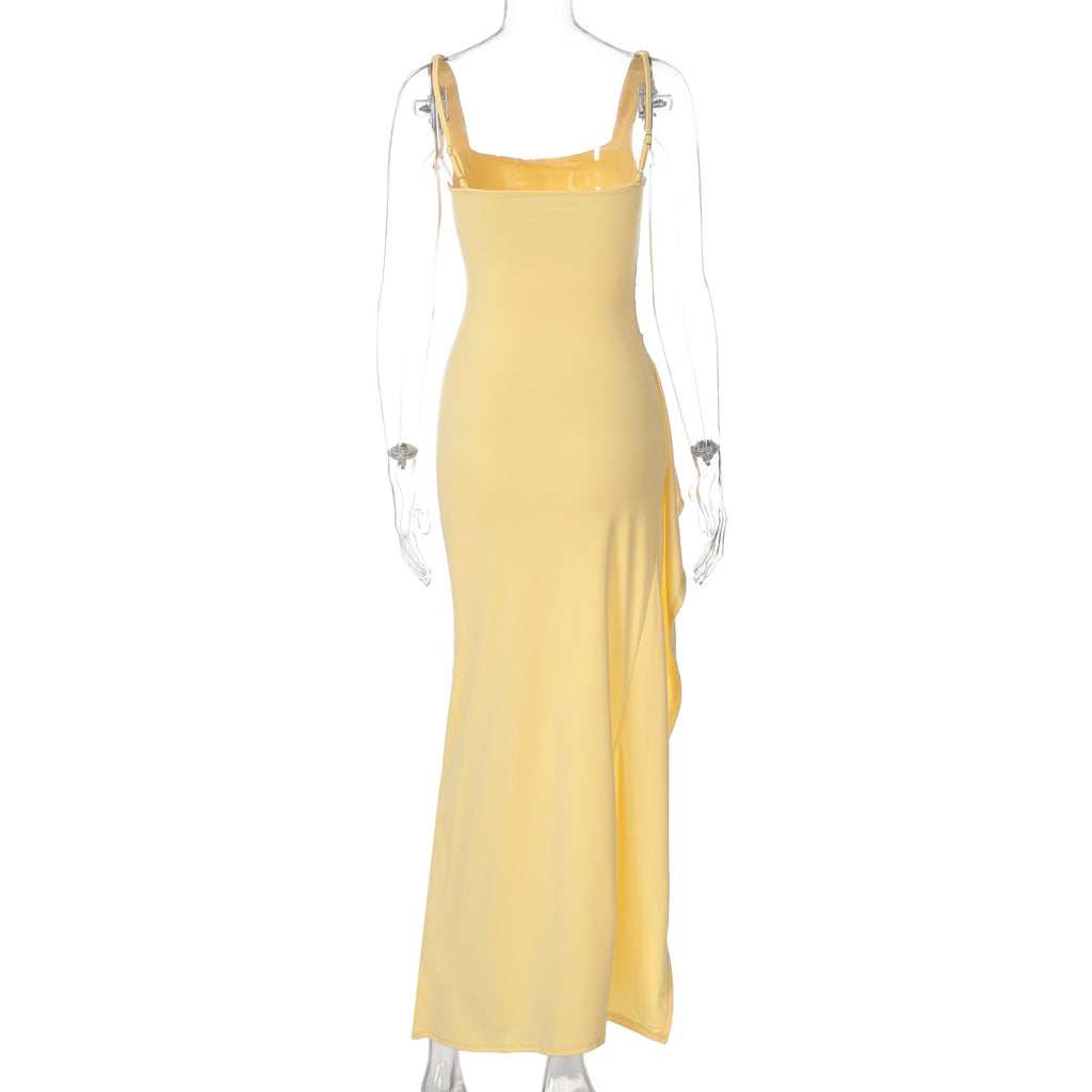 Women's Square Neck Ruched Waist High Slit Maxi Dress — Sexy Sleeveless Stretch Crepe Formal Evening Gown, Elegant Party Dress XS–XL in 17 Colors