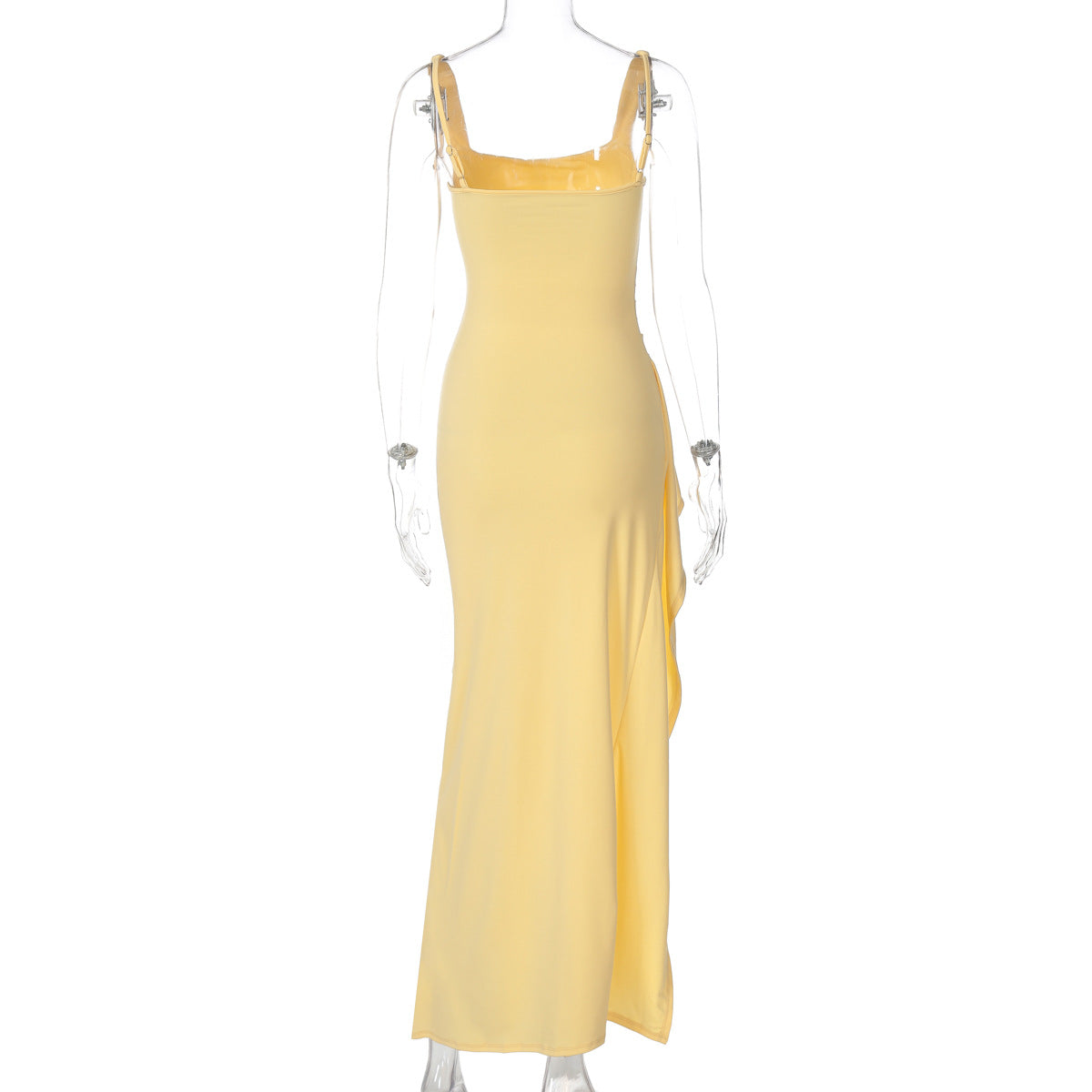 Women's Square Neck Ruched Waist High Slit Maxi Dress — Sexy Sleeveless Stretch Crepe Formal Evening Gown, Elegant Party Dress XS–XL in 17 Colors