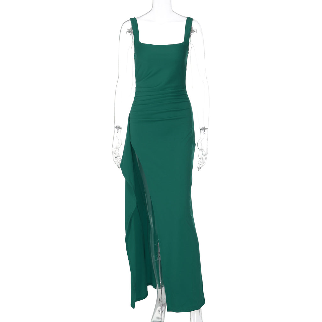 Women's Square Neck Ruched Waist High Slit Maxi Dress — Sexy Sleeveless Stretch Crepe Formal Evening Gown, Elegant Party Dress XS–XL in 17 Colors
