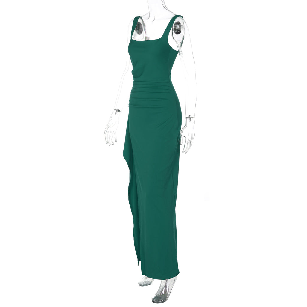 Women's Square Neck Ruched Waist High Slit Maxi Dress — Sexy Sleeveless Stretch Crepe Formal Evening Gown, Elegant Party Dress XS–XL in 17 Colors