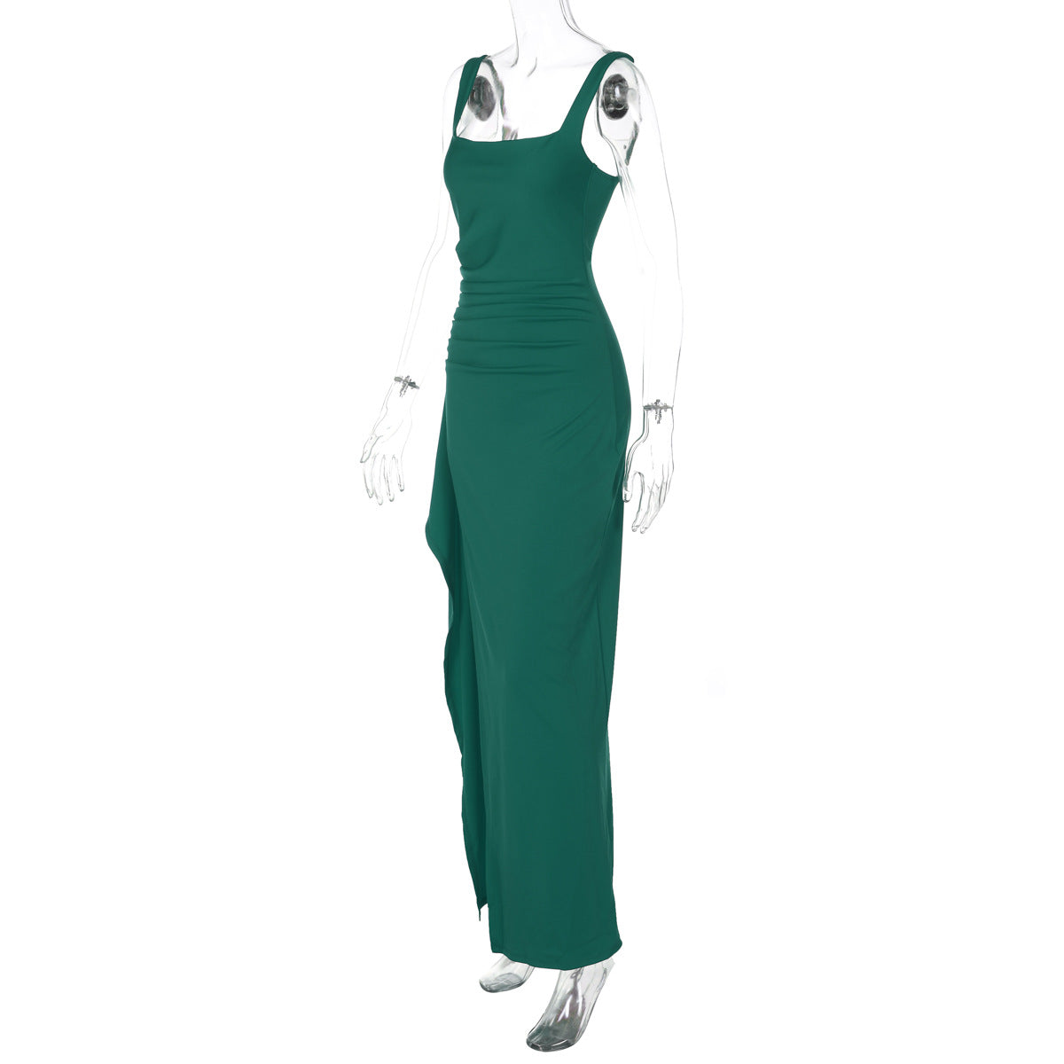 Women's Square Neck Ruched Waist High Slit Maxi Dress — Sexy Sleeveless Stretch Crepe Formal Evening Gown, Elegant Party Dress XS–XL in 17 Colors