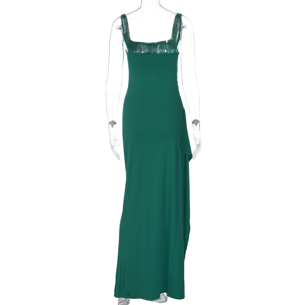 Women's Square Neck Ruched Waist High Slit Maxi Dress — Sexy Sleeveless Stretch Crepe Formal Evening Gown, Elegant Party Dress XS–XL in 17 Colors