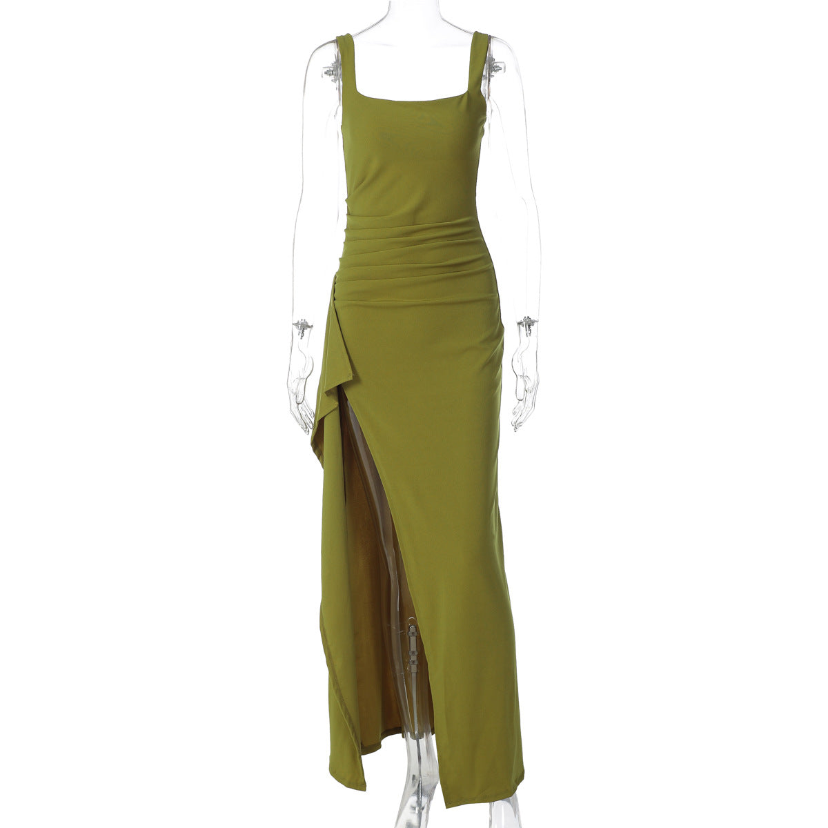 Women's Square Neck Ruched Waist High Slit Maxi Dress — Sexy Sleeveless Stretch Crepe Formal Evening Gown, Elegant Party Dress XS–XL in 17 Colors