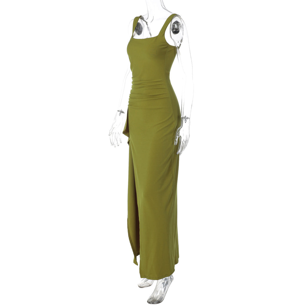 Women's Square Neck Ruched Waist High Slit Maxi Dress — Sexy Sleeveless Stretch Crepe Formal Evening Gown, Elegant Party Dress XS–XL in 17 Colors