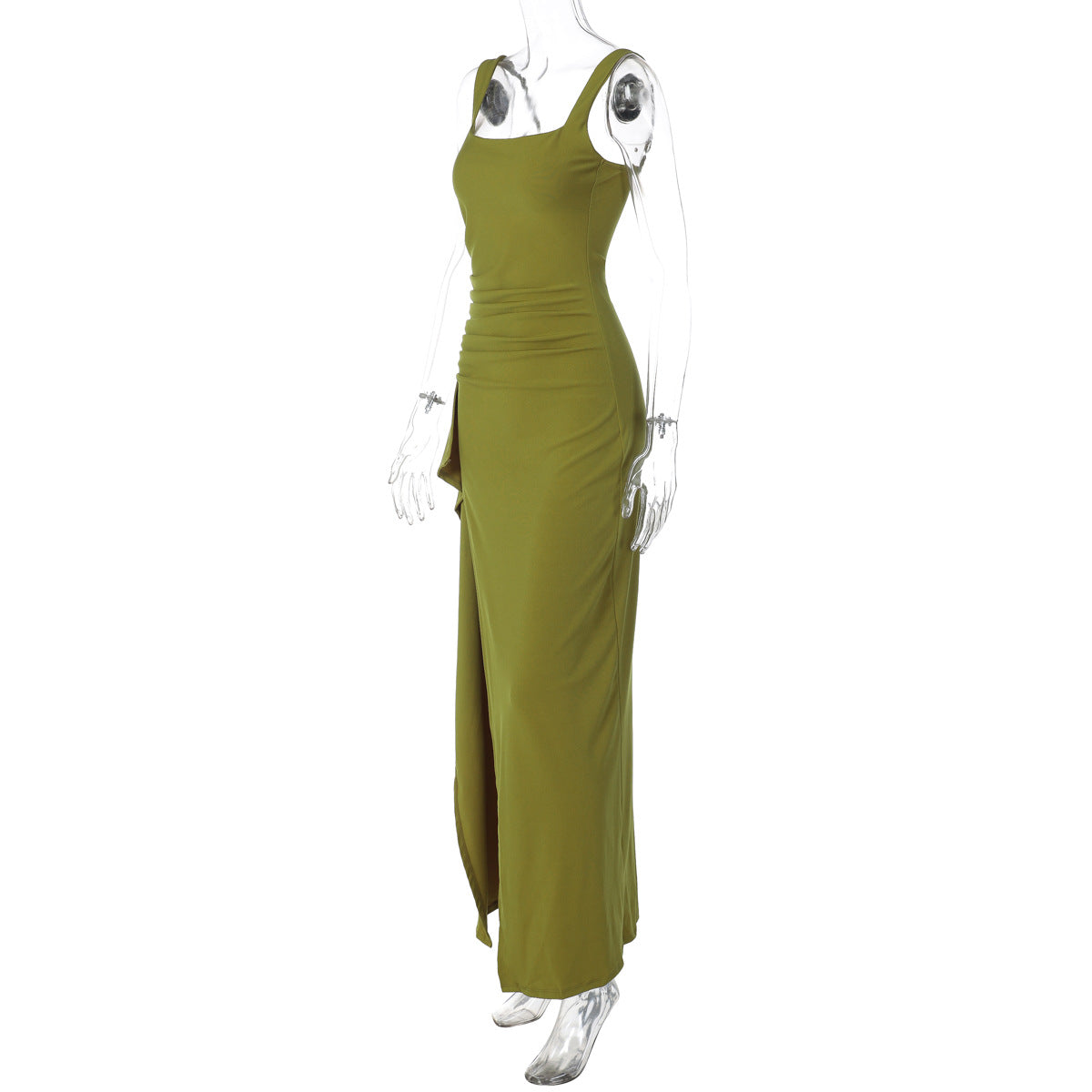 Women's Square Neck Ruched Waist High Slit Maxi Dress — Sexy Sleeveless Stretch Crepe Formal Evening Gown, Elegant Party Dress XS–XL in 17 Colors