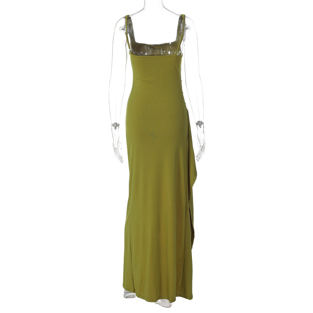 Women's Square Neck Ruched Waist High Slit Maxi Dress — Sexy Sleeveless Stretch Crepe Formal Evening Gown, Elegant Party Dress XS–XL in 17 Colors