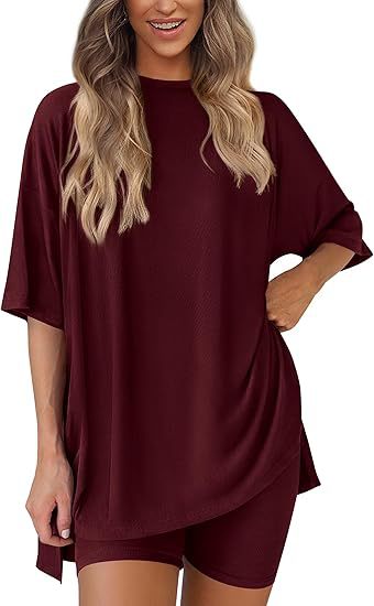 Women's Oversized Lounge Set 2 Piece — Short Sleeve Tee & Biker Shorts | Casual Comfy Matching Outfit