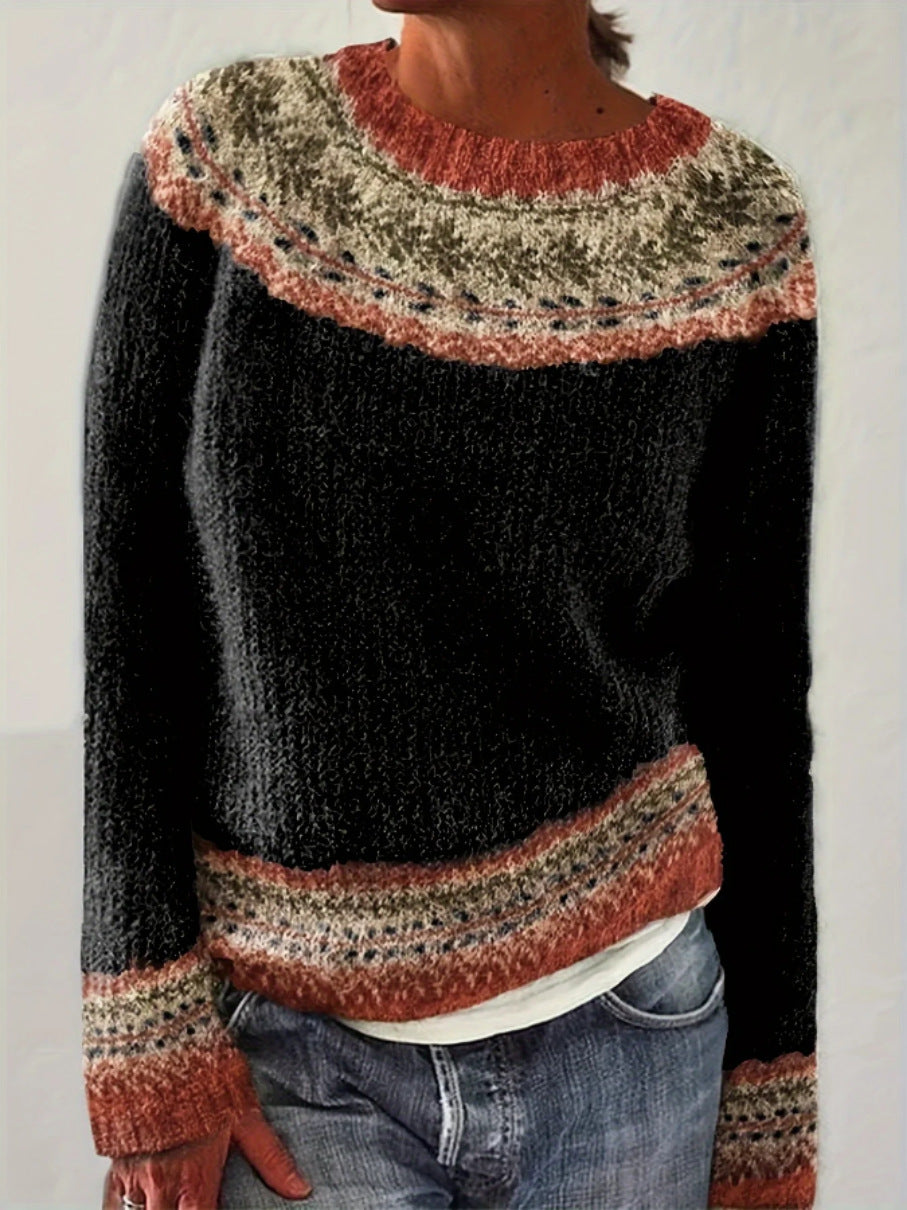 Women's Vintage Colorblock Knit Sweater | Boho Folk Floral Crew Neck Oversized Pullover | Fall Winter Top