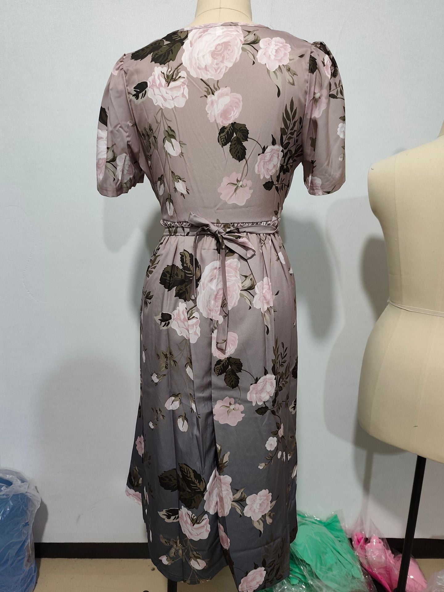 Women's V-Neck Floral Chiffon Midi Dress — Flutter Sleeve Tie Waist Boho Wrap Dress with Handkerchief Hem, Flowy Casual Summer Beach Dress S–3XL in 16 Prints