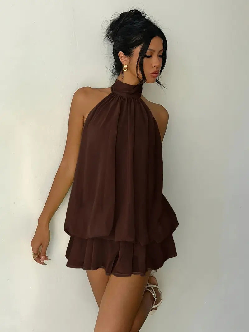 Sexy Chiffon Halter Mini Dress for Women, Island Vacation Backless Flowy Beach Dress, Summer Tea Dress