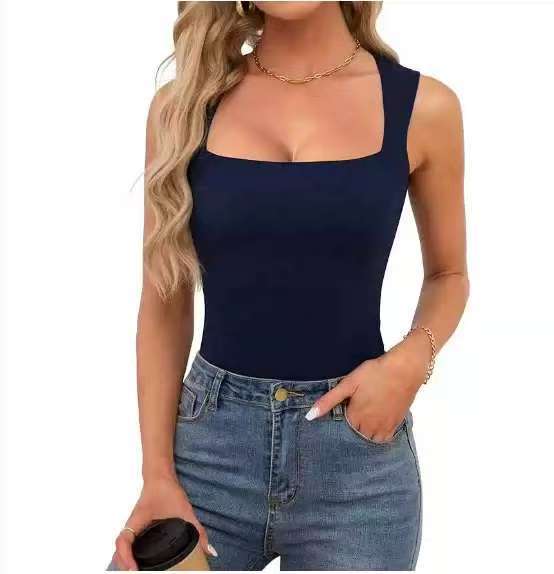 Women's Square Neck Sleeveless Tank Top — Double Layer Slim Fit Basic Crop Tee, Wide Strap Cami Shirt in 14 Colors