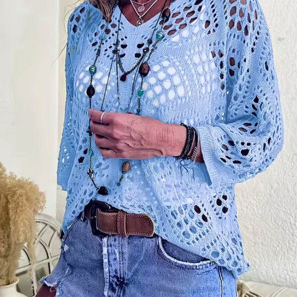 Women's Boho Crochet Hollow-Out Knit Top | V-Neck Batwing Sleeve Beach Cover-Up Sweater | S-5XL