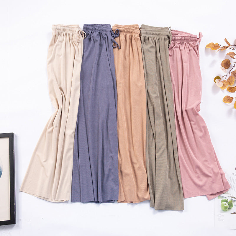 Women's Ice Silk Wide Leg Pants — High Waist Drawstring Flowy Trousers for Summer, Petite-Friendly Straight-Cut Lounge Pants